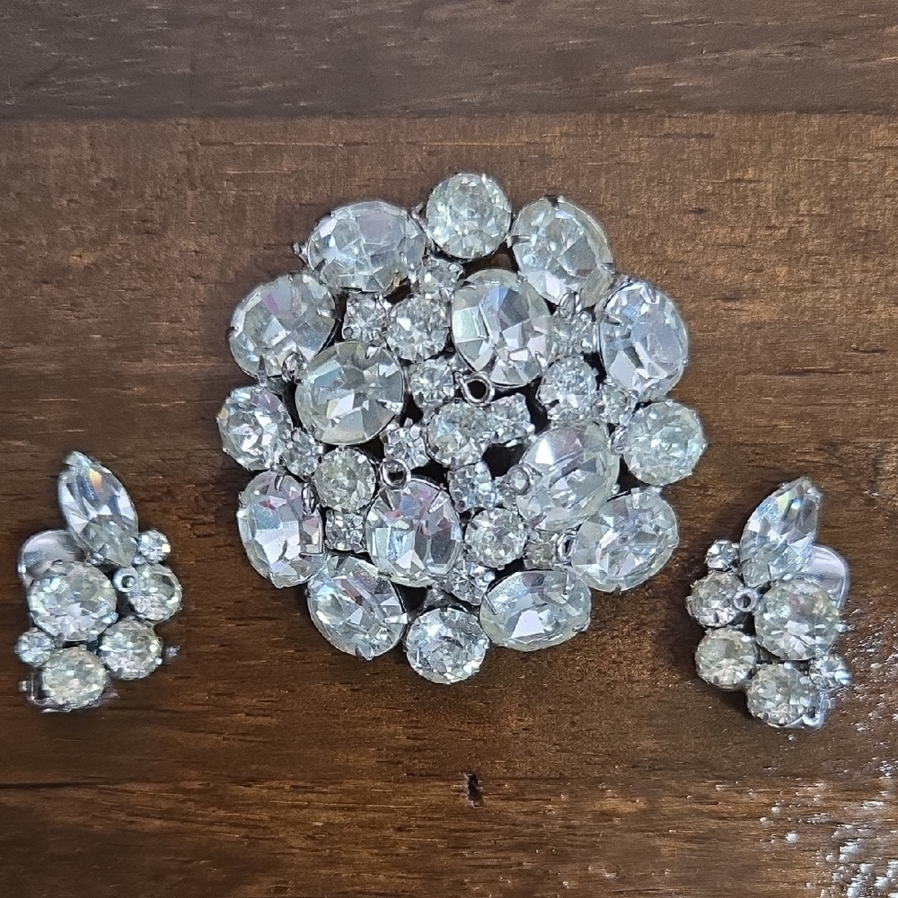 Elegant Silver Crystal Brooch Set Vintage